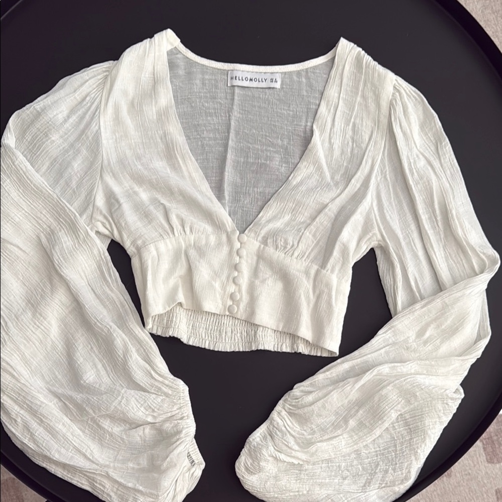 Hello Molly White Ruched Long Sleeve Crop Blouse